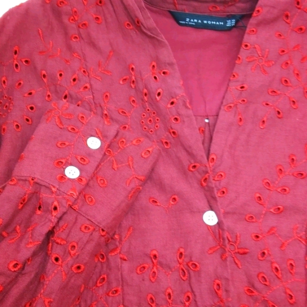 ZARA WOMAN Maroon Cotton Eyelet Blouse NWT Sz XS - Picture 7 of 7